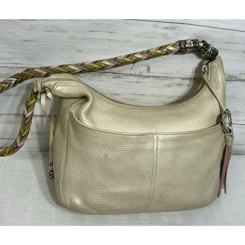 BRIGHTON Ivory Pebbled Leather Multi-Color Woven Shoulder Strap Bag Purse vtg.
